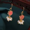 Dingle örhängen rosa blomma liten vintage delikat sötvatten pärla dropp etnisk cloisonne kinesiska stil smycken för kvinnor