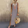 Lässige Kleider Frauen Sommerkleid Boho gedruckte ärmellose Maxi Lose Damen Split Saum Baggy Kaftan Leinen Long Vestidos de Mujer