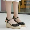 Dress Shoes Women's Genuine Leather Bordered Embroidered Lace Patchwork Wedge Platform High Heel Summer Sandals Casual Daily Pumps