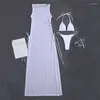 Kadın mayo siyah 3 adet set yüksek boyunlu kadın mayo örtbasları kadın etekler için bikini yular üçgen banyo kıyafeti