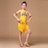 Abbigliamento da palcoscenico 8-15 anni Vestito da ballo per bambini con maniche Abiti latini colorati per ragazze Abito da ballo con frange senza schienale