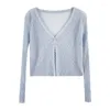 T-shirt da donna T-shirt cardigan in maglia a maniche lunghe con protezione solare in seta tinta unita con scollo a V estivo