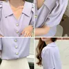 Blusas femininas 2023 Summer Mulheres tops e blusa em vaca em vaca curta de chiffon blusa camisas femme estilo francês roupas roxas brancas roupas sólidas