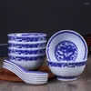 Tigelas 6pcs 4,5 polegadas azul e branco Rice Sopa Sopa Sopa Sopa Chinesa Tigela de Dragão Chinês Acessórios de Mesa de Mesa de Mesa de Cerâmica