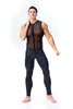 Sexy Set Herren Mesh Top Stitching Leder Jumpsuit Enge Zentai-Anzüge für durchsichtige Clubwear 230307