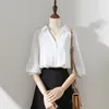 Women's Blouses Elegant Chiffon White Women Shirt Summer 2023 Turn-Down Collar Half Sleeved Lantern Office Lady Outwear Tops