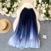 Skirts 2022 Summer Tulle Skirt Star Sequin skirt High Waist long Skirt Blue Evening Party Sexy Skirt Women falda sparkling skirt W0308