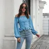 Women's Blouses Front Tie Lantern Sleeves Word Collar Waist Short Top Ladies Long-sleeved Chiffon Shirt 2023 Summer Solid Color Pullover