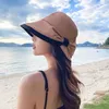 Wide Brim Hats Elegant Bow Wide Brim Bucket Hats For Women Outdoor Portable Foldable Sun Hat Flat Top Travel Beach Panama With Windproof Rope R230308