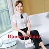 Women's Blouses Summer Women & Shirts With Necktie White Office Ladies 2 Piece Pant And Tops Sets Short Sleeve Clothes