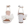 Sapatos de casamento elegante e confortável arco de marfim para noiva grossa de salto alto sandálias femininas de verão aberta de pano de pano de pano de pano dh50q