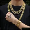 Bracelet Necklace Stainless Steel Necklaces Mens 14K Gold Plated Chains High Polished Miami Cuban Link Punk Curb Chain Bra Dhgarden Dheuj