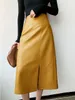 Skirts Nerazzurri Midi skirts below knee Yellow black soft leather skirt women zipper Long straight skirts for women high waist 230308