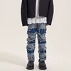 Men's Jeans Retro Color Match Striped Tassel Blue Washed Jenas Pants for Men Straight Patchwork Ripped Streetwear Baggy Casua Denim Trousers Z0301