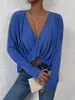 Women's Blouses Women 2023 Fall Winter V Neck Long Sleeve Solid Color Blue Top For Ladies Irregular Loose All Match Chic