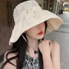 Wide Brim Hats Elegant Foldable Lace Sun Hats For Women Girl White Imitation Pearl Wide Brim Cotton Summer Sunscreen Panama Ladies Beach Caps R230308