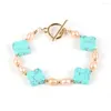 Strand Bohemian Women Girls Natural Stone Four-Leaf Clover Turquoise Quartz Charm Bracelets Oval Freshwater Pearls Cuff Wristband