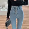 Women's Jeans Women Bud High Waist Skinny Stretch Button Denim Pants Streetwear Wash Solid Jeans Female Classic Denim Trousers 230308