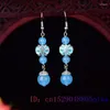 Boucles d'oreilles pendantes en jade bleu perlé, jadéite sculptée, bijoux de créateur, cadeaux de luxe, calcédoine naturelle pour femmes, accessoires en argent 925