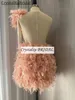 2023 Cocktail Dresses Real Image Arabic Blush Pink Feather Crystal Beaded Short Mini One Shoulder Sheath Evening Prom Party Dress Homecoming Gowns Cutaway Sides