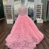 Ruffles Candy Color Girl Pageant Dress 2023 Feather Crystals 진주 작은 어린이 생일 공식 파티 가운 유아용 유아 십대 작은 젊은 주니어 미스 아쿠아 핑크 라일락