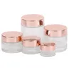 Partihandel Frosted Clear Glass Face Cream Bottle Bottle Cosmetic Jar Lotion Lip Balm Container med Rose Gold Lid