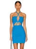 Casual jurken est dames zomer sexy halter backless mesh ruches blauwe mini bodycon bandage jurk 2023 elegante avondclubfeestje