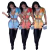 新しいデザイナーの夏のドレスセット女性服半袖のシャツとボディコンミニスカート2ピースセットカジュアルプリント衣装バルクアイテム卸売服9417