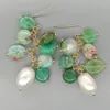 Dangle Earrings YYGEM Natural Green Chrysoprase Freeform Cultured White Rice Pearl Hook