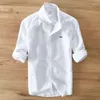Camisas informales de algodón y lino para hombre, de manga larga, de verano, de Color sólido, ajustadas, con diseño de estilo playero, Logo 601