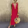 Robes décontractées femmes robe d'été Boho imprimé sans manches Maxi lâche dames ourlet fendu Baggy caftan lin longues Vestidos De Mujer