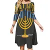 Casual klänningar blir tända flare klänning fyrkantig hals elegant kvinnlig mode tryckt Hanukkah Menorah dreidel Chanukkah Chanukah Hannukah