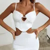 Work Dresses 2023 Women's Rose Red Bandage Dress Suit Two Piece Set Sexy Hollow Chain Spaghetti Strap Halter Crop Top Bodycon Mini Skirt