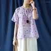 Kvinnors blusar Johnature Women Chinese Style Shirts Ramie Print Floral Button 2023 Summer O-Neck Kort ärm Vintage Kvinna