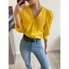 Women's Blouses Ladies Shirts 2023 Summer Cotton White Embroidered Doll Collar Half Sleeve Women's Single Breasted Cropped Tops