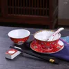 Bowls 6pcs Tableware Set Ceramic Bowl Dishes Chinese Soup Bone China Container Dinner Plate Art Chopsticks Spoon Gifts