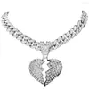 Chains ULJ Fashion Broken Heart Necklaces Women Men Iced Out Bling Rhinestone Cuban Link Chain Necklace Hip Hop Jewelry