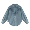Blouses-shirts voor dames Koreaanse mode ruche denim blouse vrouwen elegant reversontwerp oversile 4xl Jean Shirt Spring Tops camisa vaquera 230308