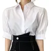 Women's Blouses & Shirts Women Korean Style Half Sleeve Lapel V-Neck Button Down Back Pleated Blouse Solid Color Office Lady Irregular Casua