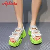 Sandals Aphixta 2022 Summer 7cm Green Crystals Height Increasing Sandals Women Platform Canvas Wedge High Heels Chunky Sole Sandal Z0306