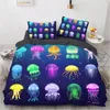 Conjuntos de roupas de cama 3D Shinning Blue Jellyfish Bed Capa Conjunto de edredão preto Table Twin King Size 140x210cm Têxtil para crianças