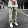 Jeans masculinos High Street Leopard Hole Jeans Angusted Calça para homens e mulheres Hip Hop Straight Casual Ripped Baggy Grande Denim Troushers Z0301