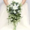 Fleurs de mariage cascade Bouquet vert blanc artificiel Roese mariée tenant Vintage Village goutte Type mariée décor à la maison