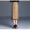 Skirts FairyShely 2022 Women Spring Summer Irregular Mesh Skirt Band Splice High Waist Skirt Knee Khaki Split Office Lady Skirt W0308