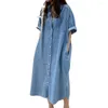 Casual Dresses Lightweight Skin-Touch Button Down Loose Denim Midi Dress Long Coat Streetwear