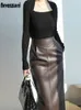 Skirts Nerazzurri Spring Midi Leather Skirt Women Brown White Black Long High Waisted Pencil Skirts for Women Side Slit Zipper 7xl 230308