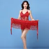 Stage Wear Belly Dance Top Bra Belt Set Latin Sequin Fringe Halter Hip Skirt Sexy Party Costume 4 Layer Tassel Performance Cloth