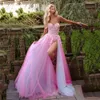 Sweety Pink Prom -jurken Sweetheart borduurapparaten feestjurk blootgesteld uitstel Side Split Vestidos de Noche