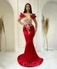 2023 아랍어 ASO EBI Mermaid Red Prom Dreess 레이스 구슬 크리스탈 저녁 공식 파티 두 번째 리셉션 생일 약혼 가운 드레스 ZJ3403