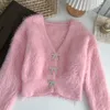 Puntos de mujer Tees Suéter Jumpers Otoño Dulce Salvaje V Manga larga Rosa Cardigan Corto Mohair Abrigo Pull Suave Impermeable Mink 230308